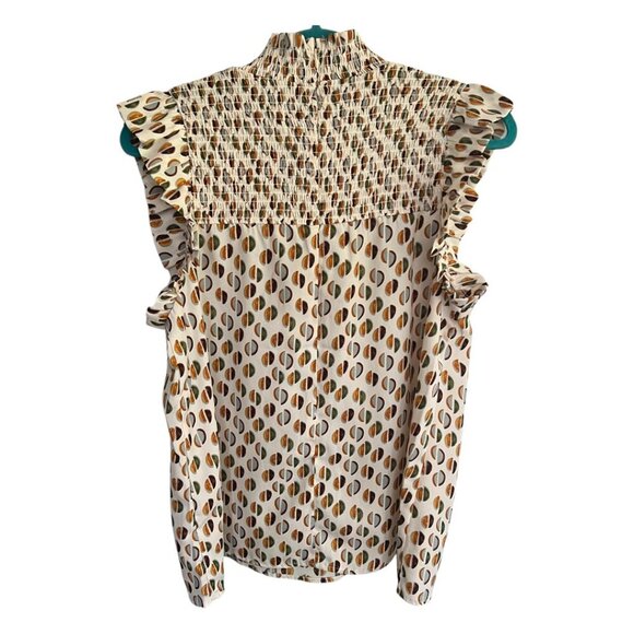 THML Anthropologie Shirt Ruffle Sleeve Preppy Smocked Top Cream Brown Size Large - Picture 2 of 8